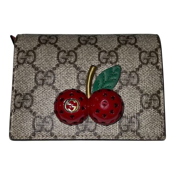 GUCCI Cherry GG Supreme Beige Gray Bi-fold Wallet W/Box and Card - Picture 3 of 16